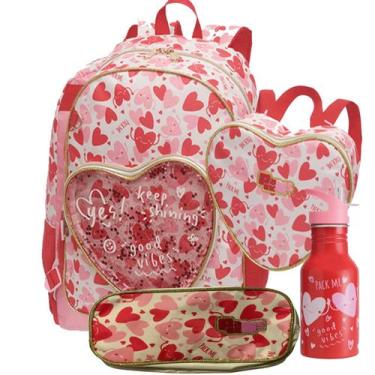 Imagem de Kit Mochila Infantil Feminina Coração + Lancheira + Squeeze + Estojo P
