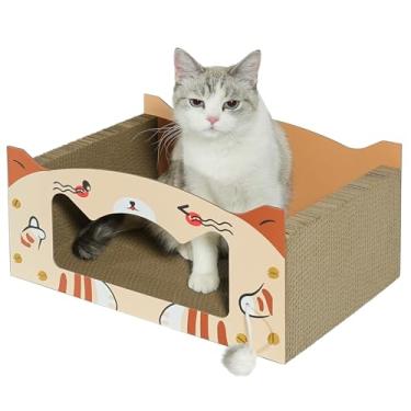 Imagem de YEMOO Grande caixa de arranhador de papelão resistente para gatos e cama para gatos com almofada recarregável - perfeita para gatos internos - aconchegante e durável (40 x 29 x 19 cm)