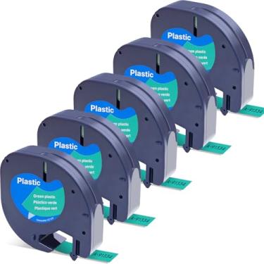Imagem de Label Orison Fita plástica LetraTag 91334 S0721640 compatível com Dymo Label Maker Plus LT100H LT100T QX50, preto sobre verde, 1/2 polegada x 3 pés (12 mm x 4 m), pacote com 5