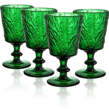 Imagem de SOUJOY Set of 4 Colored Wine Glass Goblet, 12oz Handmade Pressed Stemmed Water Cup, Green Vintage Tropical Palm Pattern Embossed Drinkware for Party, Wedding