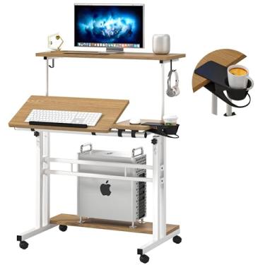 Imagem de Mesa de suporte móvel, mesa ajustável para computador com 3 mesas, mesa portátil para laptop com suporte de copo, estação de trabalho para laptop de escritório em casa com rodas bloqueáveis, cáqui