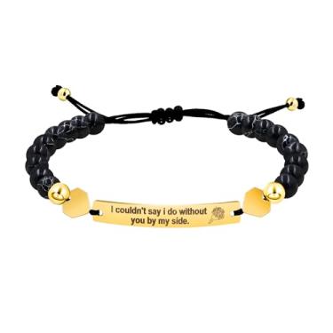 Imagem de Uloveido Pulseira de aço inoxidável ajustável tecida à mão com contas turquesa preta, gravada com "I Am Such A Lucky Bride To Have You By My Side", um presente para seu noivado e casamento SJY4294,