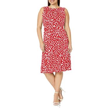 Imagem de London Times Vestido midi feminino de jérsei sem mangas com cinto, Vermelho/branco macio, 50