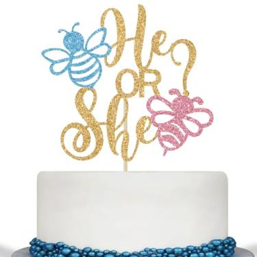 Imagem de He or She Cake Topper, Bee Theme Gender Reveal Decorations, Boy or Girl, Honey Bee Baby Shower Gender Reveal Party Decorations