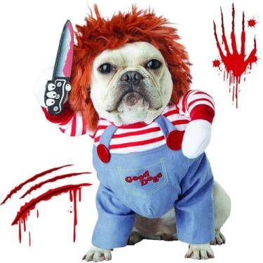 Imagem de Fantasia de Halloween Pet Deadly Doll Chucky, cosplay de cachorro e gato, roupas engraçadas para cães e gatos pequeno-médio-grande, roupa de festa de Natal (médio)