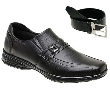 Imagem de Sapato Social Masculino Couro Confortável Casual Ortopédico Solado Costurado + Cinto Cor:Preto;Tamanho:46;Gênero:Masculi