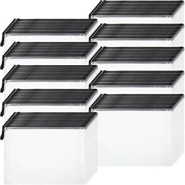 Imagem de 100 peças de bolsa de malha com zíper tamanho A4/tamanho carta à prova d'água de malha com zíper organizador pasta de plástico para organização de escritório escolar suprimentos para jogos de tabuleiro de documentos (zíper preto)