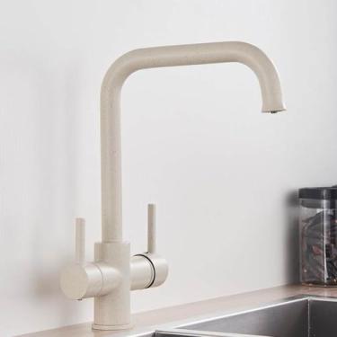 Imagem de Torneira de cozinha de água purificada de níquel escovado com duas alças e torneira misturadora quente e fria, torneira de filtro de água pura de latão cromado, ponto bege