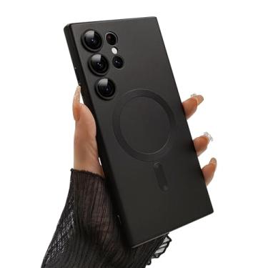 Imagem de ankofave Capa de celular para Samsung Galaxy S23 Ultra preta | Magnética, para mulheres/homens, fosca, luxuosa, macia, design metálico com brilho, com protetor de lente de câmera, à prova de choque