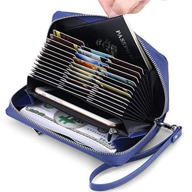 Imagem de Carteira feminina de couro com bloqueio de RFID da JEEBURYEE, suporte para cartão de crédito, bolsa de mão com zíper, Azul, Large