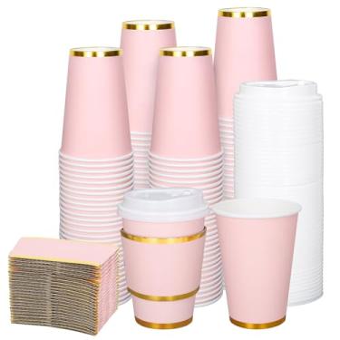 Imagem de JarThenaAMCS 50 peças de xícaras de café descartáveis rosa claro com tampas e mangas 340 g folha dourada borda rosa isolado copos de papel para bebidas quentes e frias