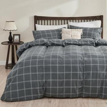 Imagem de JELLYMONI Conjunto de capa de edredom Queen 100% algodão natural, conjunto de capa de edredom xadrez com fecho de zíper, capa de edredom com padrão geométrico, cinza escuro