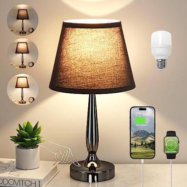 Imagem de Kakanuo Luminária de cabeceira sensível ao toque para quarto com porta USB C, pequeno abajur de mesa de toque com 2 portas de carregamento USB, luminária de mesa de cabeceira regulável de 3 vias para sala de estar e escritório - preto (lâmpada LED incluída)