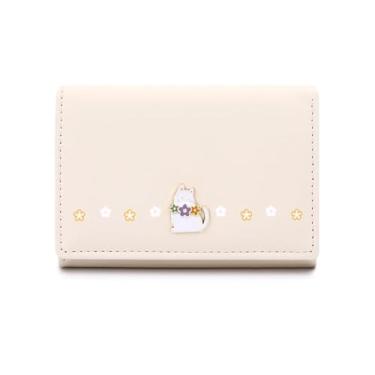 Imagem de MOMOJULI Linda carteira dobrável de couro PU bonita bolsa moderna com bolso para dinheiro, compartimento para cartão, janela para identidade, para mulheres e mulheres, D-Cat-Bege