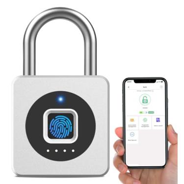 Imagem de Cadeado com impressão digital eLinkSmart, armário academia, biometria, s/ chave, impermeável, controle eletr. app Bluetooth digital, p/ cerca externa, portão, armário escolar, depósito piscina – Prata