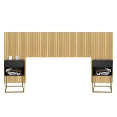 Imagem de Cabeceira Casal Queen e King Adesiva Ripado Com 2 Mesas de Cabeceira S