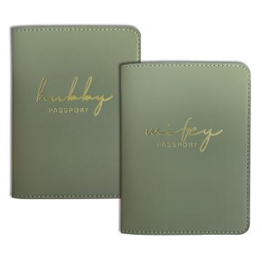 Imagem de Mr&Mrs Gifts Porta-passaporte combinando para noiva e noivo Mr&Mrs logotipo dourado lua de mel presente essencial de viagem para recém-casados, HW-verde sálvia, Casais