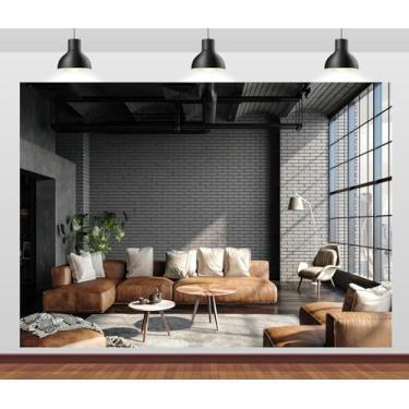 Imagem de Loccor 2,1 x 1,5 m de tecido moderno para escritório, sofá, janela francesa, parede de tijolo, fotografia de fundo para videoconferência, zoom, reunião, banner, escritório em casa, adereços para fotos