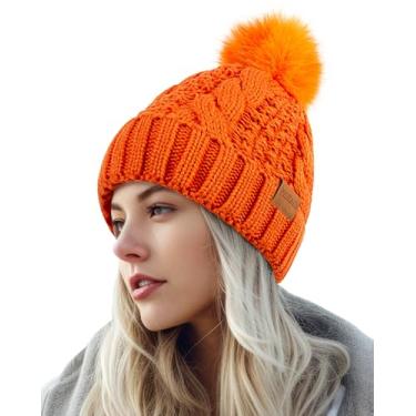 Imagem de PIOZAED Gorro feminino de inverno pompom quente e aconchegante gorro de malha forro de lã boné de caveira para mulheres, Laranja, Tamanho Único