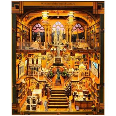 Imagem de Kit Book Nook – Miniatura DIY World Library Booknook – Quebra-cabeça de madeira 3D com luzes LED – Inserção criativa de estante e presente educativo para adultos