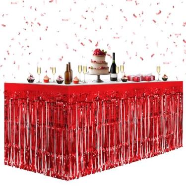 Imagem de Pacote com 2 saias de mesa vermelhas, 73,7 x 274,3 cm de folhas metálicas com franjas e franjas para mesas retangulares, cortinas de flâmula, pano de fundo, decorações de festa para aniversários,