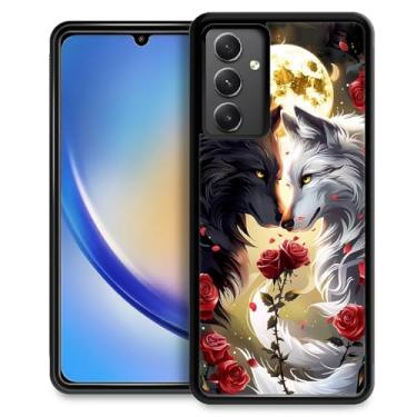 Imagem de FKBRCL4U Capa para Samsung Galaxy A54 5G, preto branco lobo lua flor rosa design gráfico menina menino silicone macio acrílico proteção contra choque para Samsung Galaxy A54 5G