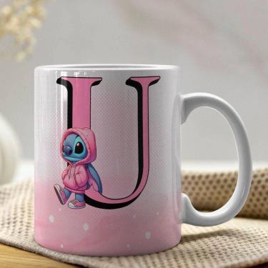 Imagem de Caneca De Porcelana Stitch Letras A-z 325ml Rosa U