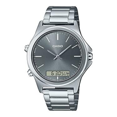 Imagem de Casio Relógio masculino MTP-VC01D-8E de aço inoxidável, mostrador cinza, analógico, digital, fuso horário duplo, Digital