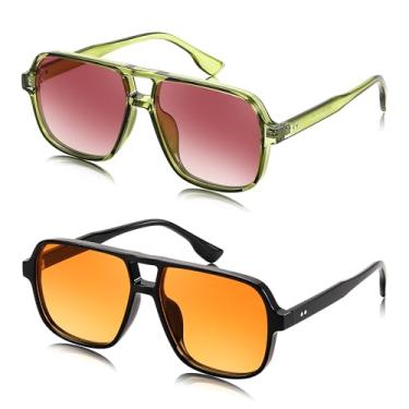 Imagem de FEISEDY Óculos de sol retrô quadrado aviador feminino masculino anos 70 vintage moderno armação de plástico B4158, Verde transparente e laranja, 55MM