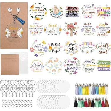 Imagem de GOMAKERER Conjunto de chaveiro de acrílico em branco, fé e flor, UV DTF, kits de fabricação de chaveiros de plástico para chaveiro de hotel DIY e etiqueta de bagagem