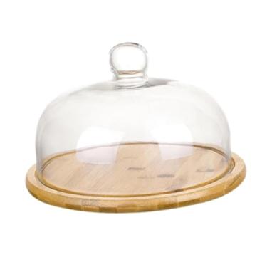 Imagem de IEUDNS Suporte de bolo de bambu com cúpula de vidro, bandeja de servir bolo, prato de exibição de pastelaria, suporte de placa para de férias, grande