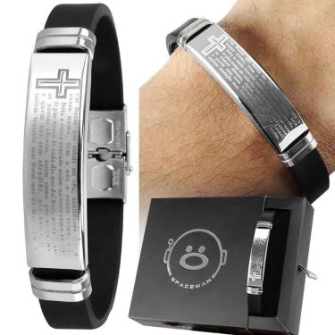 Imagem de Pulseira Pai Nosso Placa Aço Inox Prata Masculina + Caixa Estilosa Original Social Ajustavel Prata