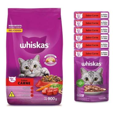 Imagem de Ração para Gatos Whiskas Carne 900g Adulto + 6 Sachês
