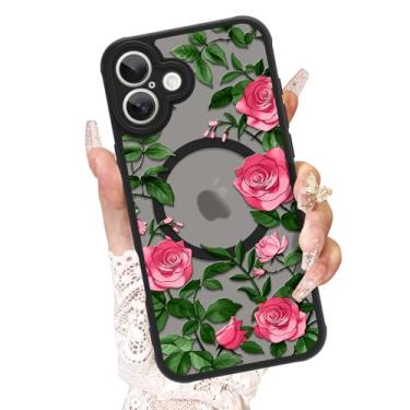 Imagem de AIGOMARA Capa para iPhone 16, compatível com MagSafe, linda estampa de flor rosa com capa de telefone fosca semitransparente para mulher Gilrs TPU macio e PC capa protetora traseira fina para telefone