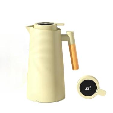 Imagem de Garrafa Térmica De Água 1000ml Com Termômetro Digital LED Para Chás Café Cabo Em Madeira Design Elegante(Verde Claro)