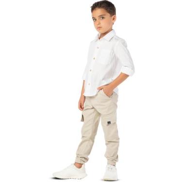 Imagem de Calça Infantil Menino Jogger Bolso Cargo Elástico Sarja Bege - VRASALO