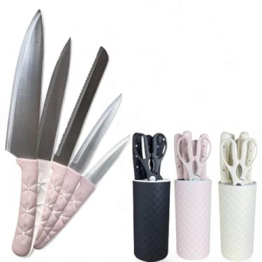 Imagem de Faqueiro Luxuoso com Lâminas Afiadas e Cabo Estofado – Kit 7 Peças com Cores Elegantes para Sua Cozinha, incluindo suporte, tesoura multiuso premium