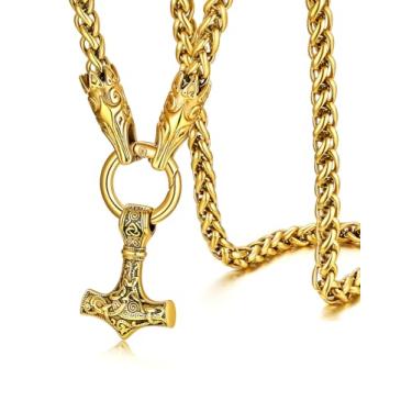 Imagem de ChainsHouse Joias nórdicas viking masculinas, cabeça de lobo/martelo Thor/pingente de cruz de nó celta com corrente grossa de 71 cm, colar de aço inoxidável/preto/dourado, caixa de presente enviada