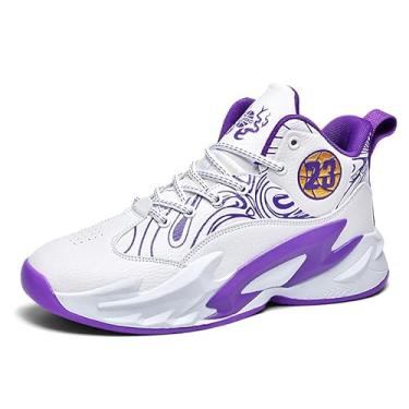 Imagem de Bolognifi Tênis de basquete masculino de cano alto com amortecimento e suporte respirável para treinamento esportivo juvenil Equipamento de basquetebol(White Purple 04,36 BR)