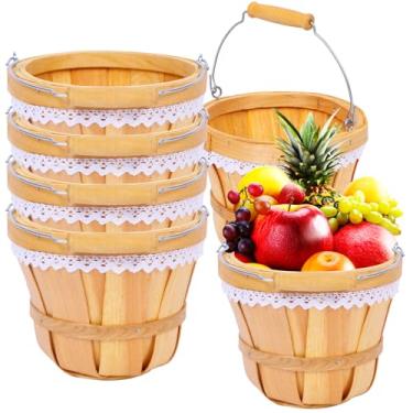 Imagem de Cesta redonda de madeira para piquenique de maçã, 17,8 cm x 15,2 cm, cesta de frutas e frutas, balde de flores de tecido para frutas e legumes, piquenique ao ar livre, acampamento, presente