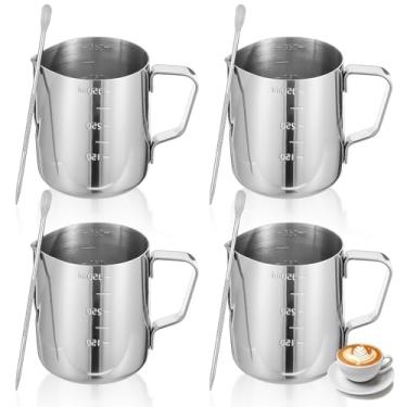 Imagem de Conjunto de 4 jarras de espumador de leite expresso de aço inoxidável com caneta Latte Art, copo de espumador de leite de 350 ml, copo para espumar cappuccino, latte, uso doméstico e em café