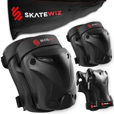 Imagem de SKATEWIZ Protect-1 – Protetores de pulso e joelheiras para crianças e adultos [6 peças] – Conjunto de equipamentos de proteção de patinação em linha com bolsa de transporte, Preto, Small