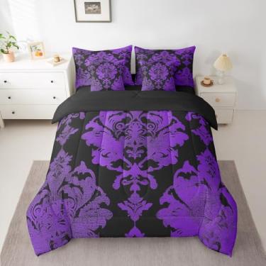 Imagem de Feelyou Conjunto de cama queen damasco roxo e preto, estilo gótico, antigo, vitoriano, barroco, para crianças, adultos, vintage, floral, conjunto com lençóis