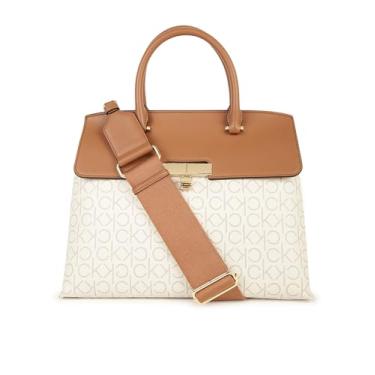 Imagem de Calvin Klein Bolsa feminina Becky Turn Lock – 2 em 1, couro vegano, 3 bolsos, baunilha/cáqui/caramelo, One Size