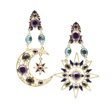 Imagem de Brincos femininos de lua e sol e estrela de lua crescente em ouro 14 quilates com pingente assimétrico e planeta, joias modernas para presente de dia dos namorados, Middle, Zinco, Cristal