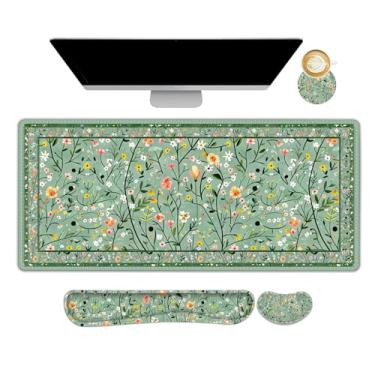 Imagem de Lauspuck Tapete de mesa floral, mouse pad grande 4 em 1 com descanso de pulso, almofada de mesa antiderrapante para desktop, mousepad ergonômico XXL com suporte de pulso para teclado e mouse, flores