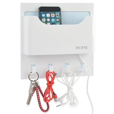 Imagem de Prateleira de cabeceira montada na parede para dormitório com pequenos ganchos – Use para quarto, entrada para organizar fones de ouvido, controles remotos, vidro, celulares (tipo horizontal/branco)