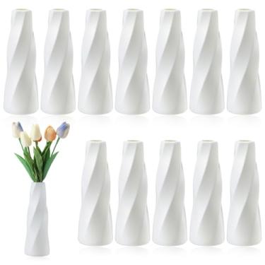 Imagem de Pacote com 12 vasos de flores de plástico composto, branco, pequeno, alto, cônico, para centros de mesa, botão inquebrável para decoração de sala de estar de festa de casamento
