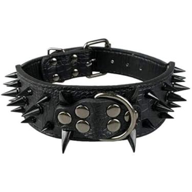Imagem de Izefia Coleira para cães preta afiada cravejada luxuosa coleira de couro acolchoada para cães médios e grandes - 5 cm de largura colar antimordida (P, preto -BK)