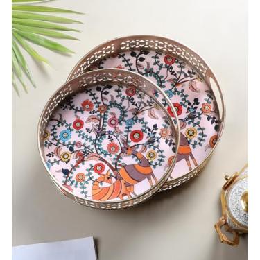 Imagem de Two Moustaches Conjunto de bandejas de servir com estampa de flores (20 cm e 25 cm), pratos de servir para casa, travessas para chá/café/frutas/lanches, bandeja decorativa para pichwai, multicolorida